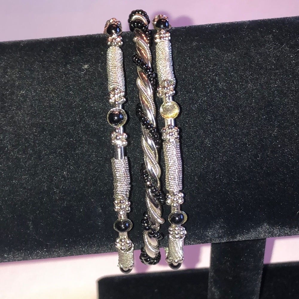 Elegant Black and Silver Tone Boho Bangle Bracelets